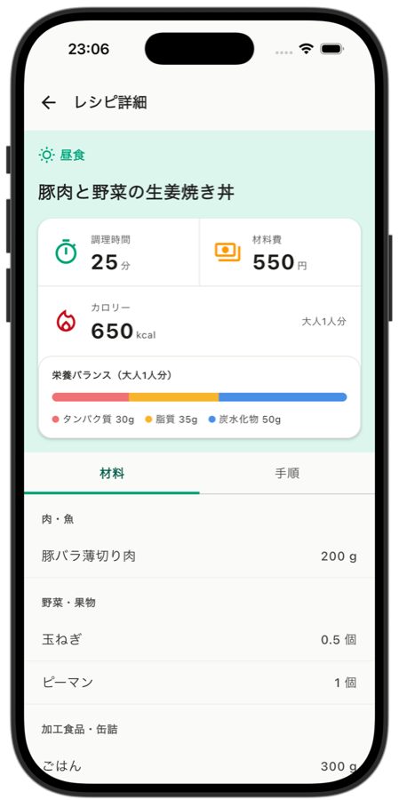 Repiの栄養バランス表示画面
